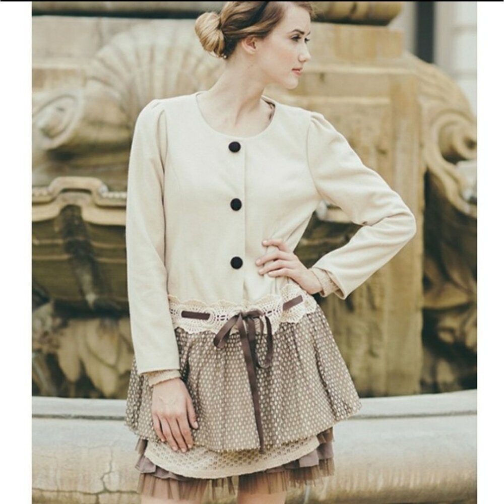 A'reve ribbon & button elegant peplum coat brown cream